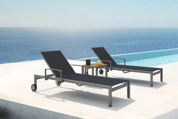 OUTFLEXX 2er-Set Sonnenliegen, Schwarz, Edelstahl/Teak, 195,5x74x35cm, Mit Beistelltisch 45x45cm 3 OUTFLEXX 2er-Set Sonnenliegen, Schwarz, Edelstahl/Teak, 195,5x74x35cm, Mit Beistelltisch 45x45cm