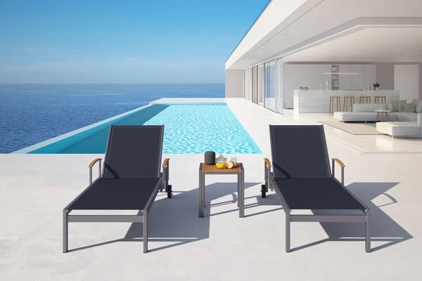 OUTFLEXX 2er-Set Sonnenliegen, Schwarz, Edelstahl/Teak, 195,5x74x35cm, Mit Beistelltisch 45x45cm 4 OUTFLEXX 2er-Set Sonnenliegen, Schwarz, Edelstahl/Teak, 195,5x74x35cm, Mit Beistelltisch 45x45cm – Bild 2