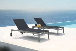 OUTFLEXX 2er-Set Rollliege, Schwarz, Edelstahl/Teak, 212x71x36cm, Mit Beistelltisch 45x45cm