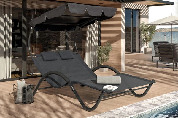 OUTFLEXX Doppelliege, Anthrazit, Polyester/Stahl Pulverbeschichtet, 205x138x34cm, Inkl. Nackenkissen, Rollbar 3 OUTFLEXX Doppelliege, Anthrazit, Polyester/Stahl Pulverbeschichtet, 205x138x34cm, Inkl. Nackenkissen, Rollbar