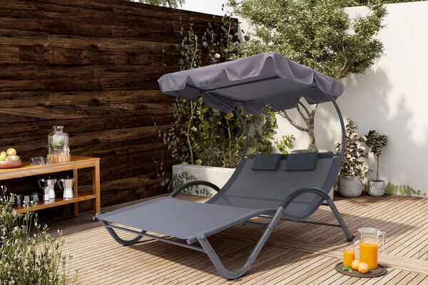 OUTFLEXX Doppelliege, Anthrazit, Polyester/Stahl Pulverbeschichtet, 205x138x34cm, Inkl. Nackenkissen, Rollbar 12 OUTFLEXX Doppelliege, Anthrazit, Polyester/Stahl Pulverbeschichtet, 205x138x34cm, Inkl. Nackenkissen, Rollbar – Bild 10