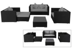 OUTFLEXX Loungemöbel-Set, 5 Personen, Schwarz, Polyrattan, Inkl. Kaffeetisch, Wasserfeste Kissenbox