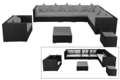 OUTFLEXX Loungemöbel-Set, Schwarz, Polyrattan, Für 8 Personen, Inkl. Kaffeetisch, Wasserfeste Kissenbox