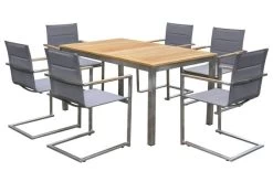OUTFLEXX Set, Taupe, Edelstahl/Teak, Tisch 180/240 X 100 Cm, 6 Stapelstühle Gepolstert