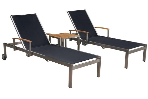 OUTFLEXX 2er-Set Sonnenliegen, Schwarz, Edelstahl/Teak, 195,5x74x35cm, Mit Beistelltisch 45x45cm 6 OUTFLEXX 2er-Set Sonnenliegen, Schwarz, Edelstahl/Teak, 195,5x74x35cm, Mit Beistelltisch 45x45cm – Bild 4