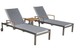 OUTFLEXX 2er-Set Sonnenliegen, Silber, Edelstahl/Teak, 195,5x74x35cm, Mit Beistelltisch 45x45cm