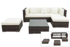 OUTFLEXX Loungemöbel-Set, Braun Marmoriert, 5 Pers, Polyrattan, Wasserfeste Kissenbox, Inkl. Beistelltisch