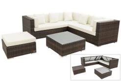 OUTFLEXX Loungemöbel-Set, Braun Marmoriert, 6 Pers, Polyrattan, Wasserfeste Kissenbox, Inkl. Beistelltisch