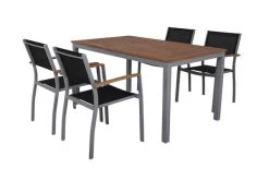 VILLANA Esstischgarnitur, Silber/schwarz, Alu / FSC-Akazienholz, Gartentisch 150 X 90 Cm, 4 Stapelsessel