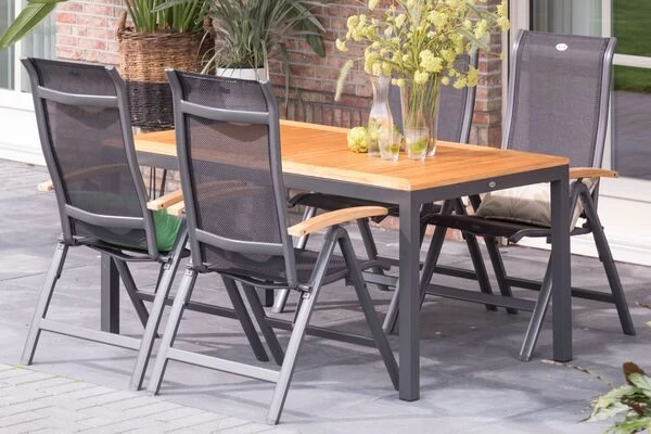 HARTMAN Alice Esstischgruppe, Xerix/natur, Alu/FSC-Teak, 4x4 Textilen, 4 Hochlehner, 150/210x90cm 3 HARTMAN Alice Esstischgruppe, Xerix/natur, Alu/FSC-Teak, 4x4 Textilen, 4 Hochlehner, 150/210x90cm