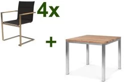 OUTFLEXX Esstischgarnitur, Edelstahl / Recyceltes FSC-Teak, Tisch 90 X 90 Cm, 4 Freischwinger Padded, Schwarz