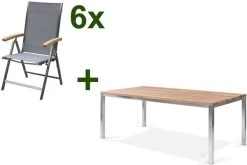 OUTFLEXX Esstischgarnitur, Edelstahl / FSC-Teak, Tisch 200 X 100 Cm, 6 Multipositionssessel, Silber