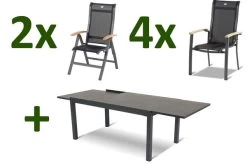 HARTMAN Alice Esstischgruppe, Xerix/stone Grey, Alu/HPL, 4x4 Textilen, 4 Stapelsessel, 2 Hochlehner, 160/260x93cm