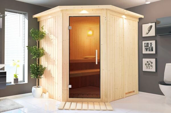 KARIBU Systemsauna Siirin, Fichtenholz 68mm, Eckeinstieg, Ca. 3m² 3 KARIBU Systemsauna Siirin, Fichtenholz 68mm, Eckeinstieg, Ca. 3m²