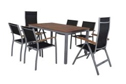 VILLANA Esstischgarnitur, Silber/schwarz, Alu / FSC-Akazienholz, Gartentisch 150 X 90 Cm, 4 Stapelsessel, 2 Hochlehner