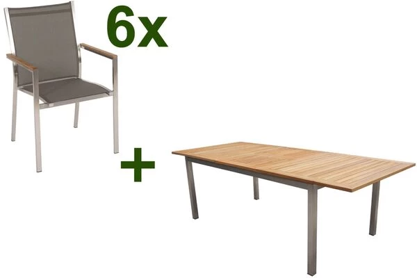 STERN Cardiff Esstischgruppe, Silber/taupe, Edelstahl/FSC-Teak, Tisch 200/300 X 100 Cm, 6 Stapelsessel 3 STERN Cardiff Esstischgruppe, Silber/taupe, Edelstahl/FSC-Teak, Tisch 200/300 X 100 Cm, 6 Stapelsessel