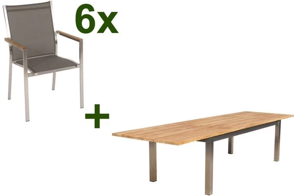 STERN Cardiff Esstischgruppe, Silber/taupe, Edelstahl/FSC-Teak, Tisch 220/340 X 100 Cm, 6 Stapelsessel 3 STERN Cardiff Esstischgruppe, Silber/taupe, Edelstahl/FSC-Teak, Tisch 220/340 X 100 Cm, 6 Stapelsessel