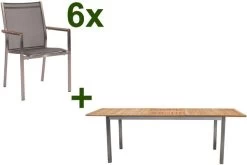 STERN Cardiff Esstischgruppe, Silber/silbergrau, Edelstahl/FSC-Teak, Tisch 180/240 X 100 Cm, 6 Stapelsessel