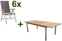 STERN Cardiff Esstischgruppe, Silber/silbergrau, Edelstahl/FSC-Teak, Tisch 200/300 X 100 Cm, 6 Multipositionssessel