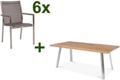 STERN Cardiff Esstischgruppe, Silber/silbergrau, Edelstahl/Teak, Tisch A-Gestell 200 X 100 Cm, 6 Stapelsessel