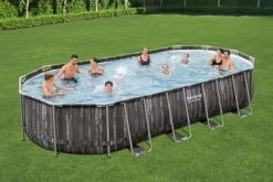 BESTWAY Power Steel Pool, Holz-Optik (dunkelgrau), TriTech, 732x366x122cm, Oval, Mit Filterpumpe, Leiter, Abdeckplane