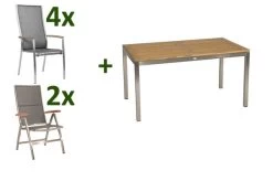 STERN Cardiff Esstischgarnitur, Silber/silbergrau, Edelstahl/Textilen/FSC-Teakholz, 162/220 X 90 Cm, 4 Stapel-, 2 Multipos, Butterfly-Auszug
