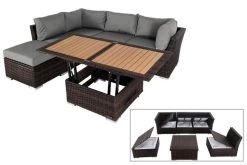 OUTFLEXX Loungemöbel, Polyrattan, Braun Marmoriert, Inkl. Loungetisch, Abdeckhaube, Ersatzbezug, Wasserfeste Kissenbox