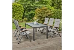 SIENA GARDEN Savina XL/Miros Esstischgarnitur, Matt Graphit/grau, Alu/Teak/Texfabric/Spraystone, Tisch 180/240x90 Cm, 6 Multipos.