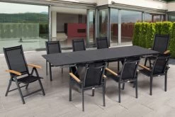 OUTFLEXX Esstischgarnitur, OUTFLEXX® Anthrazit Matt, Alu / Spraystone / Teak, Tisch 180/280x100cm, 6 Stapelsessel, 2 Multipo