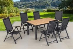 OUTFLEXX Esstischgarnitur, OUTFLEXX® Anthrazit Matt, Alu / Teak / Textil, Ausziehtisch 150/210x90cm, 6 Multipo