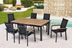 OUTFLEXX Esstischgarnitur, OUTFLEXX® Anthrazit Matt, Alu / Teak / Textil, Tisch 180/240x100cm, 6 Stapelsessel