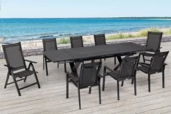 OUTFLEXX Esstischgarnitur, Anthrazit, Alu / Keramik / Textil, 180/280x100cm, 2 Multipo, 6 Stapelsessel