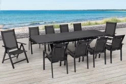 OUTFLEXX Esstischgarnitur, Anthrazit, Alu / Keramik / Textil, 180/280x100cm, 2 Multipo, 8 Stapelsessel