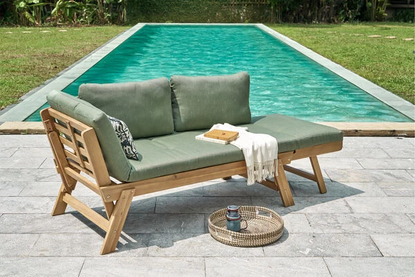 OUTFLEXX Lounge/Liege, FSC Akazie, Teakoptik, 192x70x60cm, Inkl. Polster, Grün 4 OUTFLEXX Lounge/Liege, FSC Akazie, Teakoptik, 192x70x60cm, Inkl. Polster, Grün – Bild 2