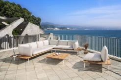 OUTFLEXX Vail Loungemöbel, Weiß/natur/actionlinen, Alu/FSC-Teakholz/Sunbrella, Für Bis Zu 7 Personen, Seitenablagen Aus Teak