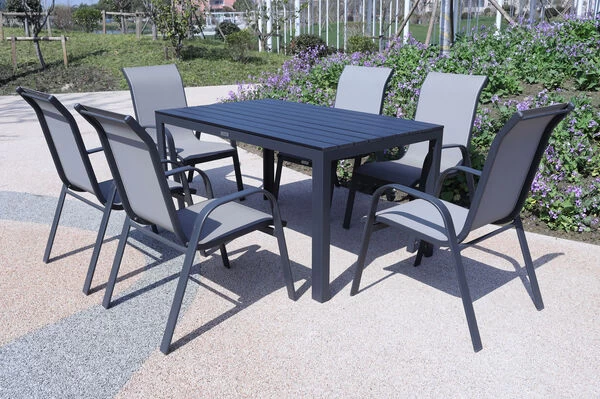 VILLANA Esstischgarnitur, Anthrazit/grau, Alu/Holzimitat/Textil, Tisch 150x90cm, 6 Sessel, Stapelbar 3 VILLANA Esstischgarnitur, Anthrazit/grau, Alu/Holzimitat/Textil, Tisch 150x90cm, 6 Sessel, Stapelbar