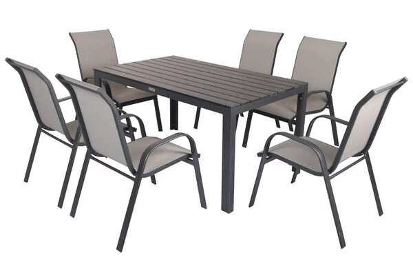 VILLANA Esstischgarnitur, Anthrazit/grau, Alu/Holzimitat/Textil, Tisch 150x90cm, 6 Sessel, Stapelbar 4 VILLANA Esstischgarnitur, Anthrazit/grau, Alu/Holzimitat/Textil, Tisch 150x90cm, 6 Sessel, Stapelbar – Bild 2