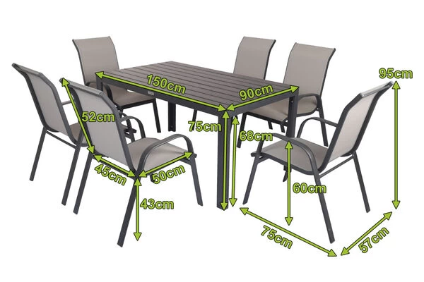 VILLANA Esstischgarnitur, Anthrazit/grau, Alu/Holzimitat/Textil, Tisch 150x90cm, 6 Sessel, Stapelbar 7 VILLANA Esstischgarnitur, Anthrazit/grau, Alu/Holzimitat/Textil, Tisch 150x90cm, 6 Sessel, Stapelbar – Bild 5