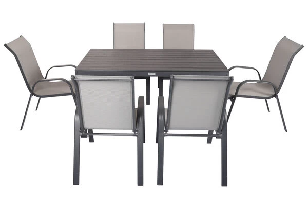 VILLANA Esstischgarnitur, Anthrazit/grau, Alu/Holzimitat/Textil, Tisch 150x90cm, 6 Sessel, Stapelbar 8 VILLANA Esstischgarnitur, Anthrazit/grau, Alu/Holzimitat/Textil, Tisch 150x90cm, 6 Sessel, Stapelbar – Bild 6