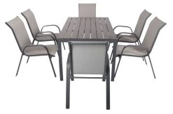 VILLANA Esstischgarnitur, Anthrazit/grau, Alu/Holzimitat/Textil, Tisch 150x90cm, 6 Sessel, Stapelbar 23 VILLANA Esstischgarnitur, Anthrazit/grau, Alu/Holzimitat/Textil, Tisch 150x90cm, 6 Sessel, Stapelbar -Gartenmöbel Geschäft 22576 07.jpg