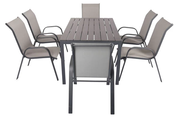 VILLANA Esstischgarnitur, Anthrazit/grau, Alu/Holzimitat/Textil, Tisch 150x90cm, 6 Sessel, Stapelbar 9 VILLANA Esstischgarnitur, Anthrazit/grau, Alu/Holzimitat/Textil, Tisch 150x90cm, 6 Sessel, Stapelbar – Bild 7