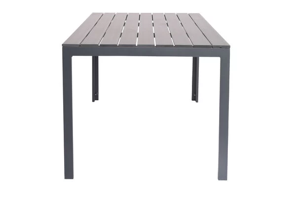 VILLANA Esstischgarnitur, Anthrazit/grau, Alu/Holzimitat/Textil, Tisch 150x90cm, 6 Sessel, Stapelbar 12 VILLANA Esstischgarnitur, Anthrazit/grau, Alu/Holzimitat/Textil, Tisch 150x90cm, 6 Sessel, Stapelbar – Bild 10