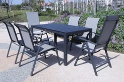 VILLANA Esstischgarnitur, Anthrazit/grau, Alu/Holzimitat/Textil, Tisch 150x90cm, 4 Stapelsessel, 2 Multipo