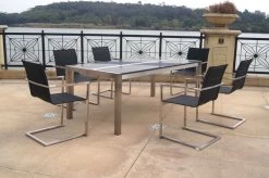 OUTFLEXX Esstischgarnitur, Silber/schwarz, Edelstahl/Granit/Textil, 200x100 Cm, 6 Freischwinger, Padded, FSC-Teakholz