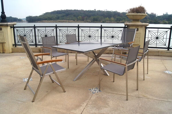 OUTFLEXX Esstischgarnitur, Silber/taupe, Edelstahl/Granit/Textil, 200x100 Cm Cm, 4 Stapelsessel, 2 Multipos, Armlehnen Aus FSC-Teak 3 OUTFLEXX Esstischgarnitur, Silber/taupe, Edelstahl/Granit/Textil, 200x100 Cm Cm, 4 Stapelsessel, 2 Multipos, Armlehnen Aus FSC-Teak