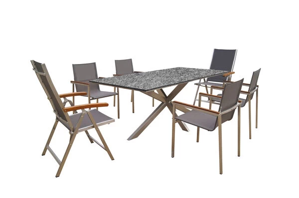 OUTFLEXX Esstischgarnitur, Silber/taupe, Edelstahl/Granit/Textil, 200x100 Cm Cm, 4 Stapelsessel, 2 Multipos, Armlehnen Aus FSC-Teak 4 OUTFLEXX Esstischgarnitur, Silber/taupe, Edelstahl/Granit/Textil, 200x100 Cm Cm, 4 Stapelsessel, 2 Multipos, Armlehnen Aus FSC-Teak – Bild 2