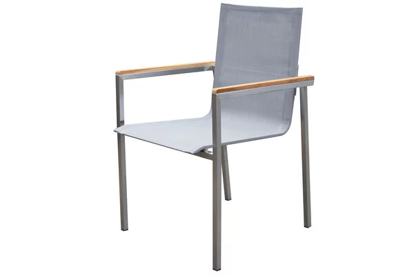 OUTFLEXX Esstischgarnitur, Silber/taupe, Edelstahl/Granit/Textil, 200x100 Cm Cm, 4 Stapelsessel, 2 Multipos, Armlehnen Aus FSC-Teak 5 OUTFLEXX Esstischgarnitur, Silber/taupe, Edelstahl/Granit/Textil, 200x100 Cm Cm, 4 Stapelsessel, 2 Multipos, Armlehnen Aus FSC-Teak – Bild 3