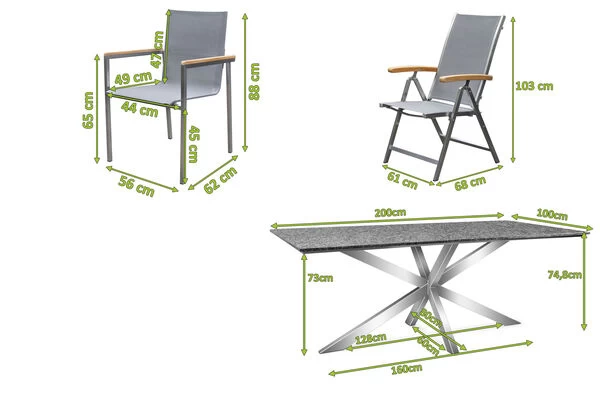 OUTFLEXX Esstischgarnitur, Silber/taupe, Edelstahl/Granit/Textil, 200x100 Cm Cm, 4 Stapelsessel, 2 Multipos, Armlehnen Aus FSC-Teak 7 OUTFLEXX Esstischgarnitur, Silber/taupe, Edelstahl/Granit/Textil, 200x100 Cm Cm, 4 Stapelsessel, 2 Multipos, Armlehnen Aus FSC-Teak – Bild 5