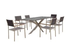OUTFLEXX Esstischgarnitur, Silber/taupe, Edelstahl/Granit/Textil, 200x100 Cm, 6 Stühle, Padded, Armlehnen Aus FSC-Teak
