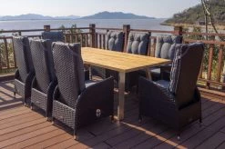 OUTFLEXX Esstischgarnitur, Edelstahl/Teakholz, Tisch 220x100cm, 8 Diningsessel, A-Gestell